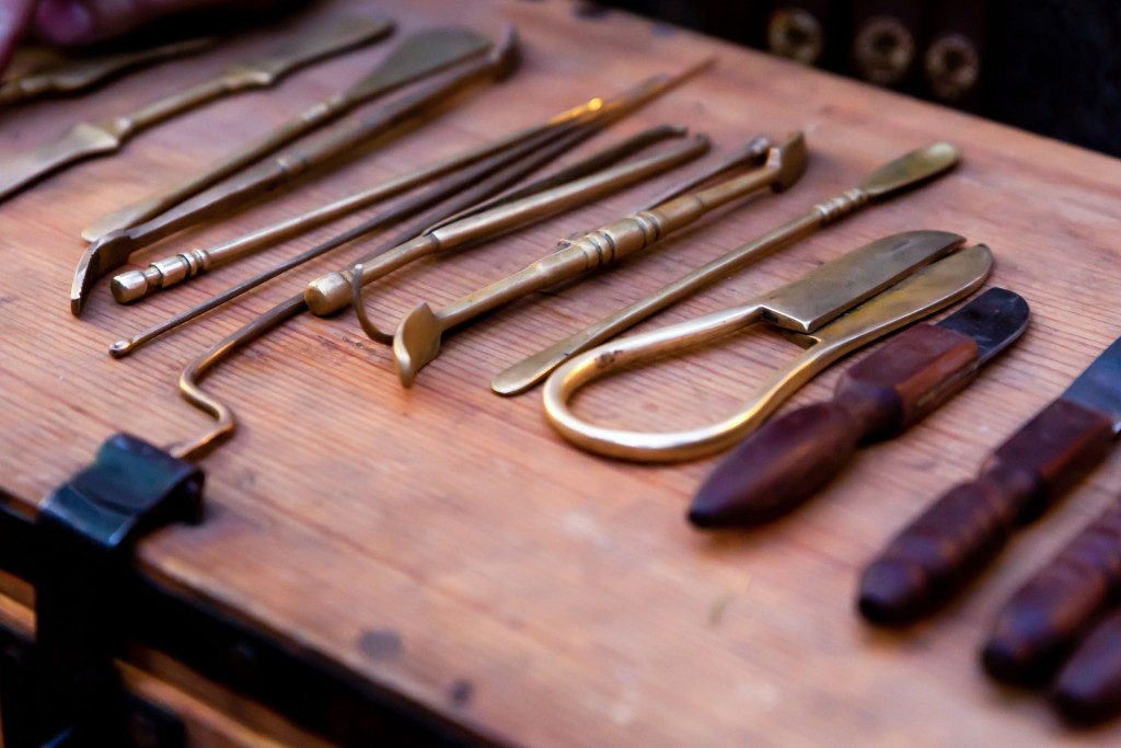 countertop of a merchant military surgeon's tools scalpel scapula close-up